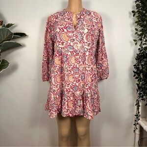 Madison Mathews Cotton Floral Mini Dress Sz L 3/4 Sleeves